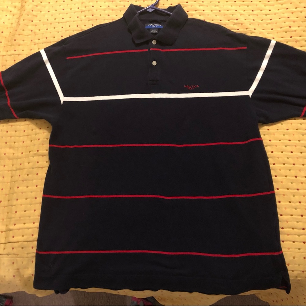 Nautica Golf - L navy blue striped, very good condition.